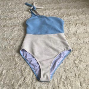 Cupshe Women's Blue White One Shoulder Bowknot One-Piece Swimsuit Size Medium